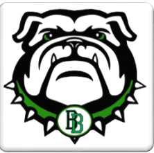 Bulldog mascot with green spiked collar