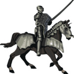 Medieval knight in armor riding horse
